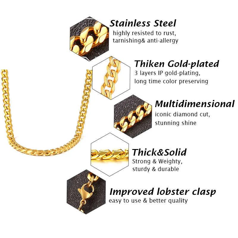 古巴链项链,男女通用,基本款朋克不锈钢链式颈链,复古金色纯金属项链 古巴链项链,男女通用,基本款朋克不锈钢链式颈链,复古金色纯金属项链