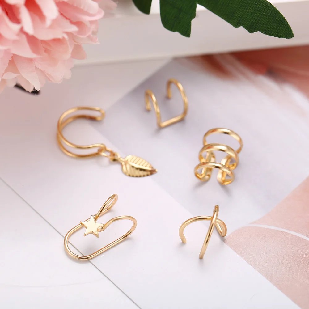 Silver Color Leaves Clip Earrings for Women Men Creative Simple C Ear Cuff Non-Piercing Ear Ear Clip Set Trend Jewelry Gift