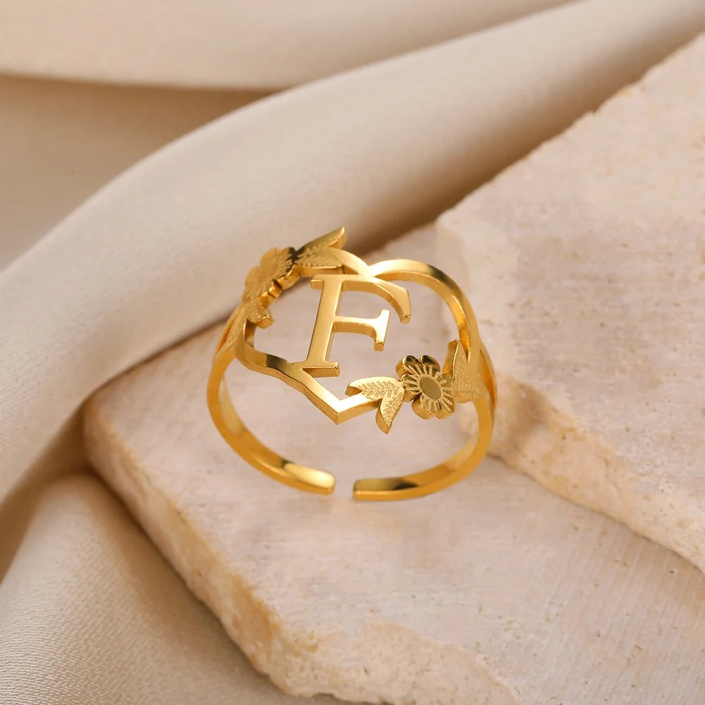 Stainless Steel Initials Flower Heart Rings Gold Color Adjustable Delicate Letter Leaf Rings For Women Girl Alphabet Jewelry