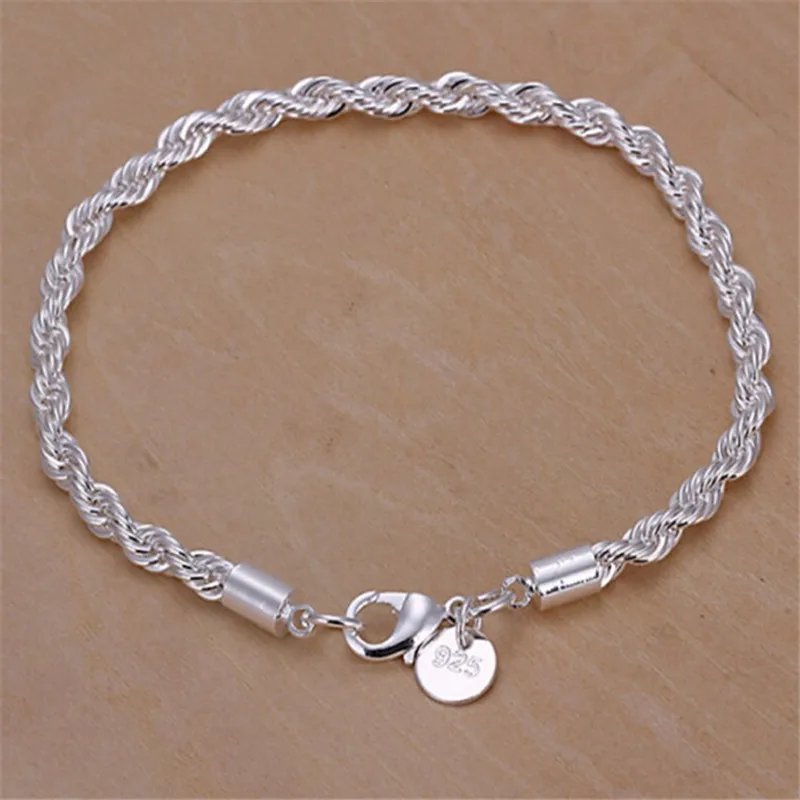 New High quality 925 Sterling Silver 4MM Women Men chain Male Twisted Rope Bracelets Fashion Silver Jewelry