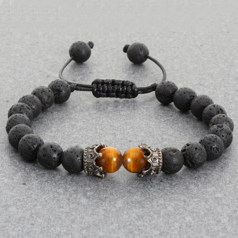 Black Lava Stone Crown Charm Tiger Eye Beads Bracelet For Men Women Braided Bracelets Handmade Adjustable Jewelry Pulseira