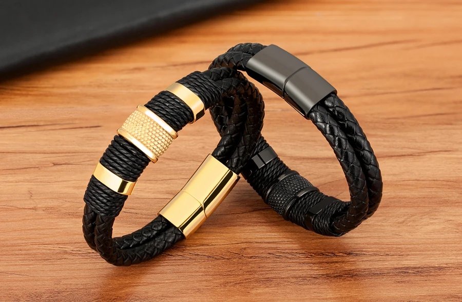 Woven Leather Rope Wrap Special Style Classic Stainless Steel Men's Leather Bracelet Double-layer Design DIY Customization