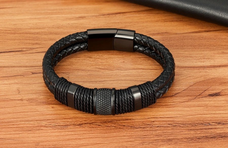 Woven Leather Rope Wrap Special Style Classic Stainless Steel Men's Leather Bracelet Double-layer Design DIY Customization