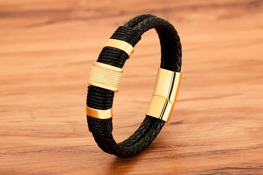 Woven Leather Rope Wrap Special Style Classic Stainless Steel Men's Leather Bracelet Double-layer Design DIY Customization