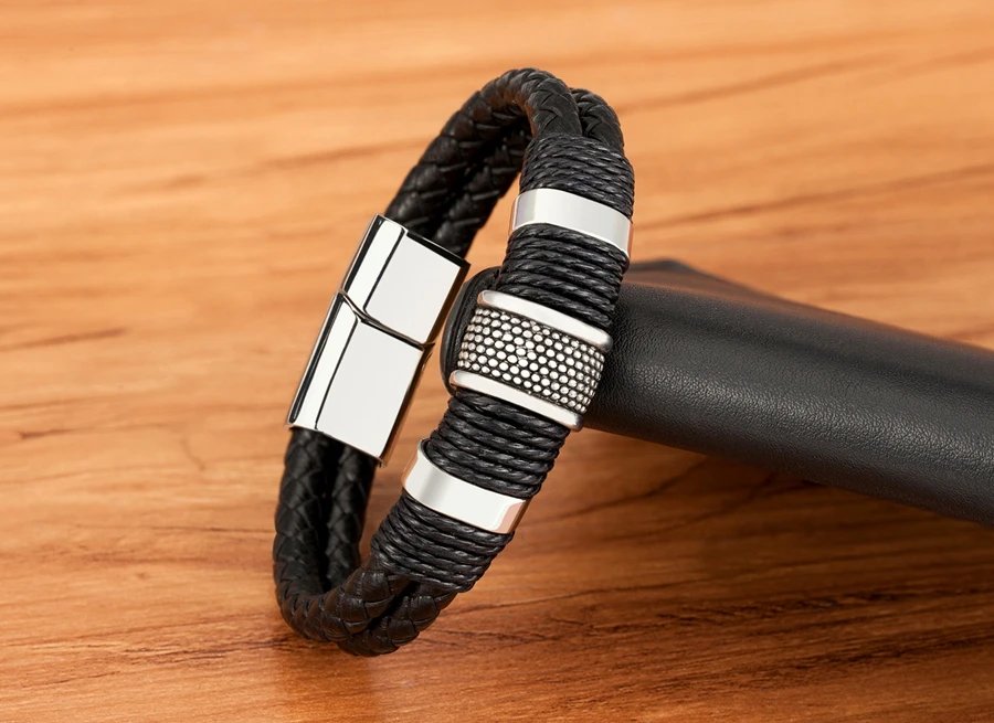 Woven Leather Rope Wrap Special Style Classic Stainless Steel Men's Leather Bracelet Double-layer Design DIY Customization