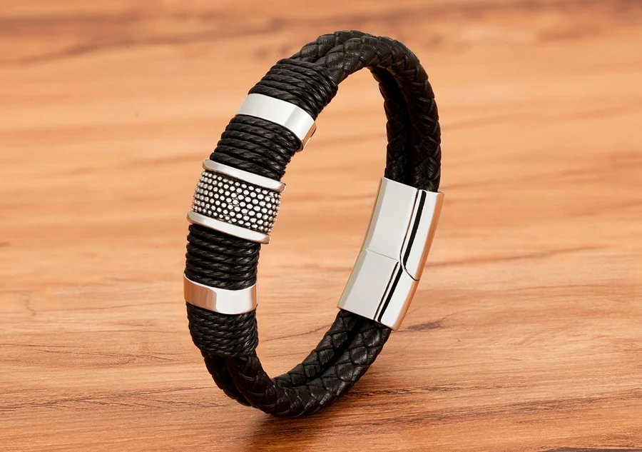 Woven Leather Rope Wrap Special Style Classic Stainless Steel Men's Leather Bracelet Double-layer Design DIY Customization