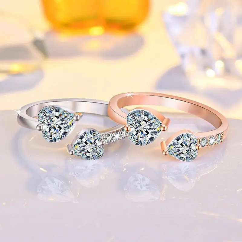 Fashion Double Heart Love Quartz Crystal Ring Ionix Therapy Quartz Open Ring for Women Therapy for Weight Loss Lymphatic Ring