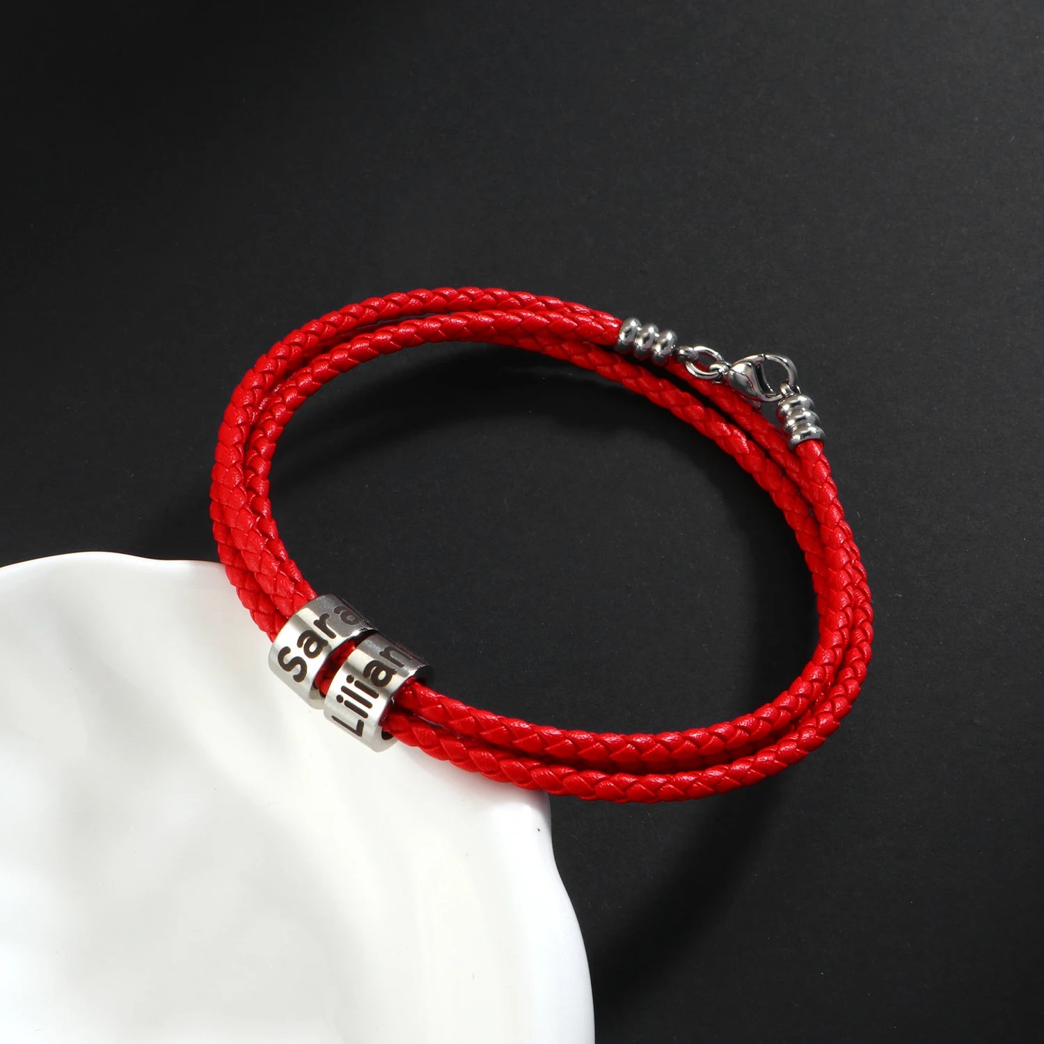 Personalized Men Bracelets Custom Stainless Steel Beads Leather Bracelets Gift for Boyfriend Father