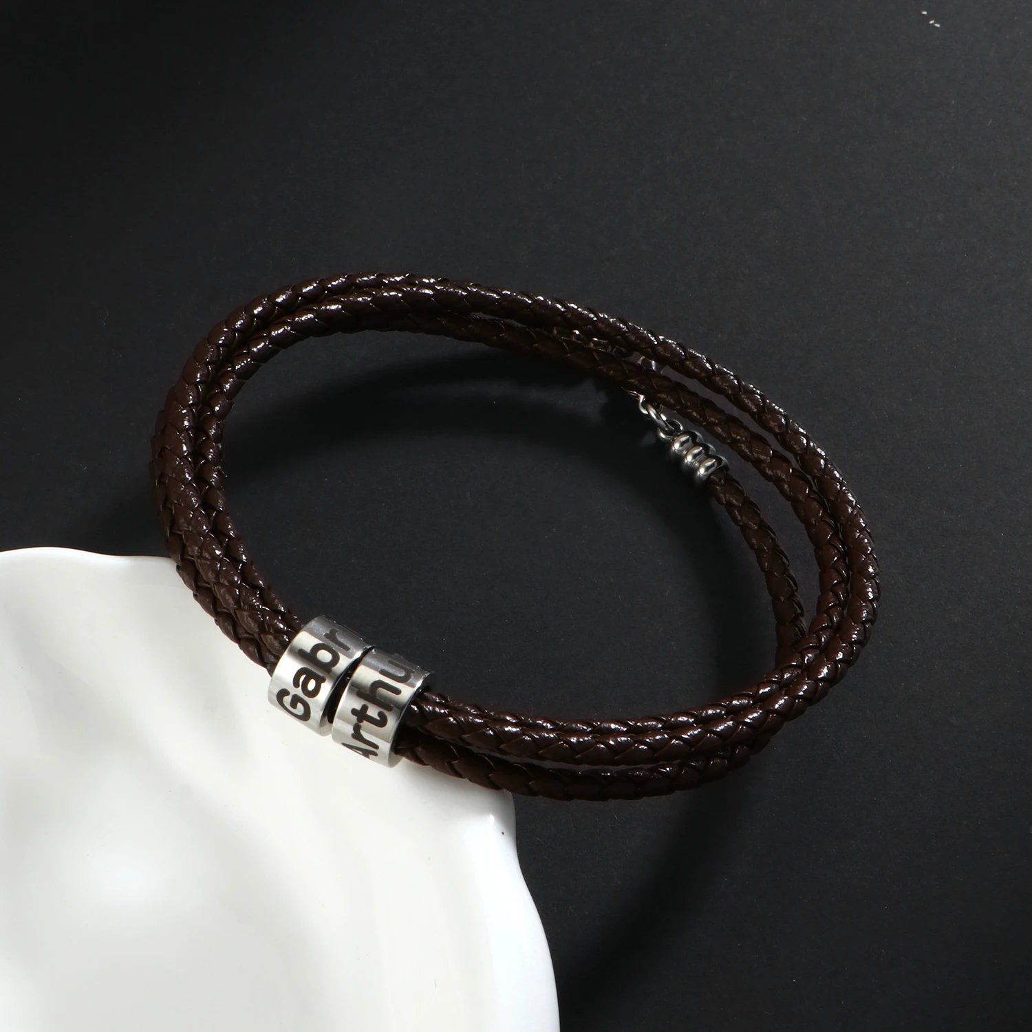 Personalized Men Bracelets Custom Stainless Steel Beads Leather Bracelets Gift for Boyfriend Father