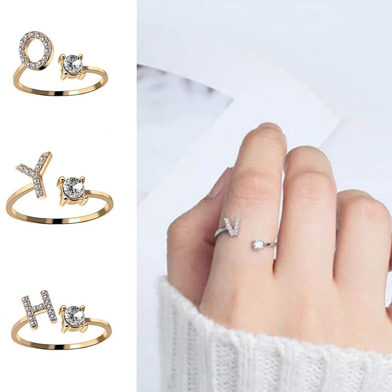 26 English Letter Open Finger Rings A-Z Initials Name Alphabet Female Creative Ring Fashion Wedding Party Jewelry Gifts