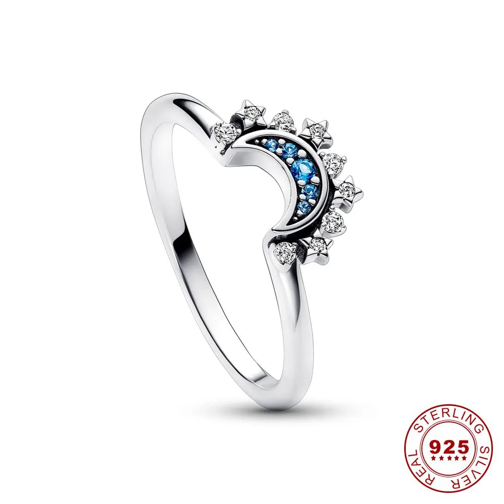 Summer Celestial Blue Sparkling Moon And Sun Ring For Women Cocktail Stackable Finger Band Fashion Silver 925 Fine Jewellry Summer Celestial Blue Sparkling Moon And Sun Ring For Women Cocktail Stackable Finger Band Fashion Silver 925 Fine Jewellry