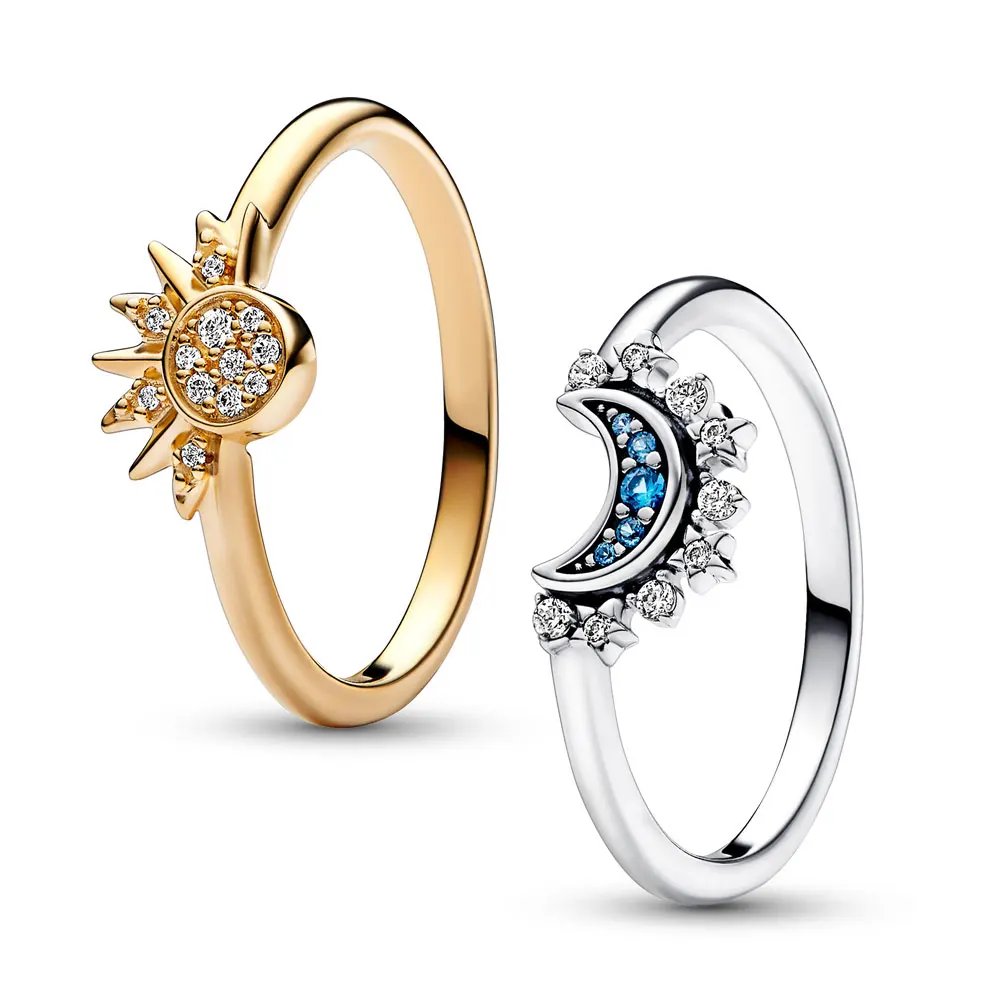 Summer Celestial Blue Sparkling Moon And Sun Ring For Women Cocktail Stackable Finger Band Fashion Silver 925 Fine Jewellry Summer Celestial Blue Sparkling Moon And Sun Ring For Women Cocktail Stackable Finger Band Fashion Silver 925 Fine Jewellry