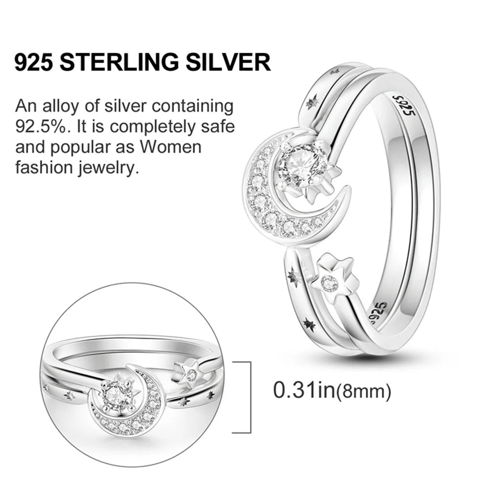 Summer Celestial Blue Sparkling Moon And Sun Ring For Women Cocktail Stackable Finger Band Fashion Silver 925 Fine Jewellry Summer Celestial Blue Sparkling Moon And Sun Ring For Women Cocktail Stackable Finger Band Fashion Silver 925 Fine Jewellry