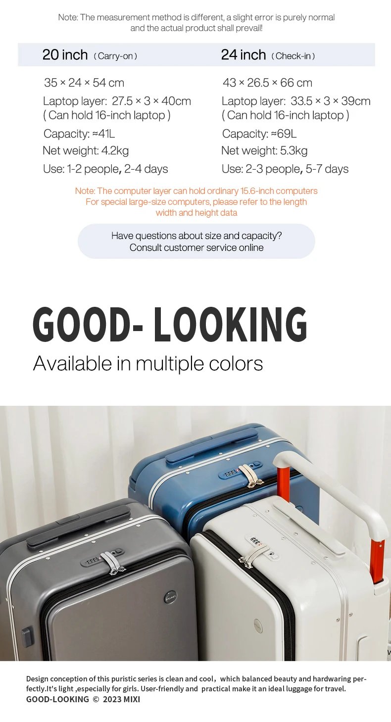 2023 New Design Wide Handle Suitcase Men Carry-On Luggage Women Travel Trolley Case 20 Inch Cabin PC Aluminum Frame M9275