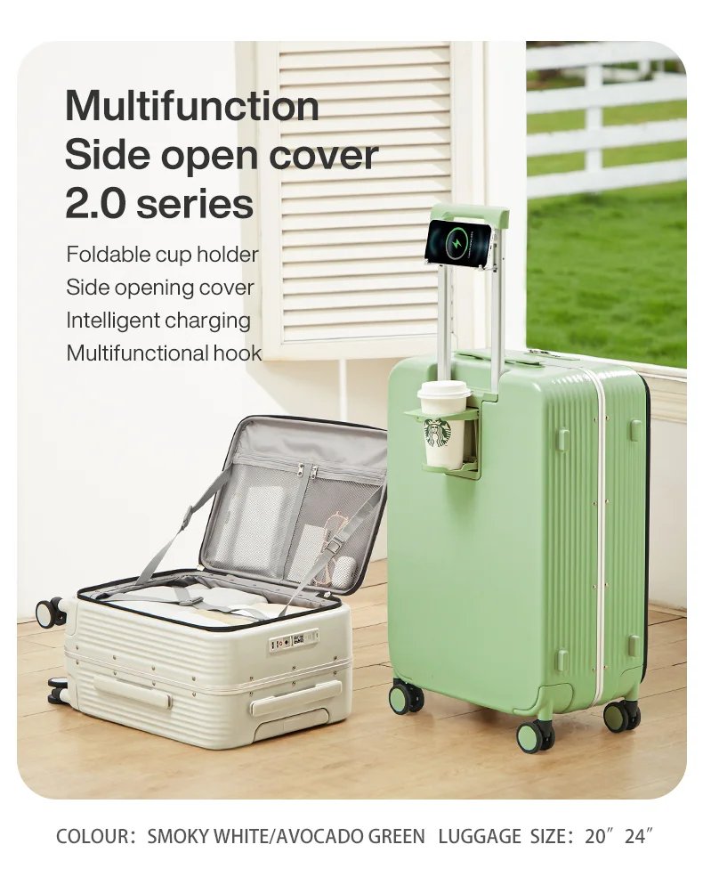 NEW Aluminum Frame Suitcase Carry On Rolling Luggage with USB Port Boarding Cabin Cup and Phone Holder 20 24 Inch