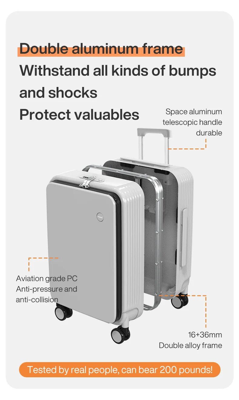 NEW Aluminum Frame Suitcase Carry On Rolling Luggage with USB Port Boarding Cabin Cup and Phone Holder 20 24 Inch