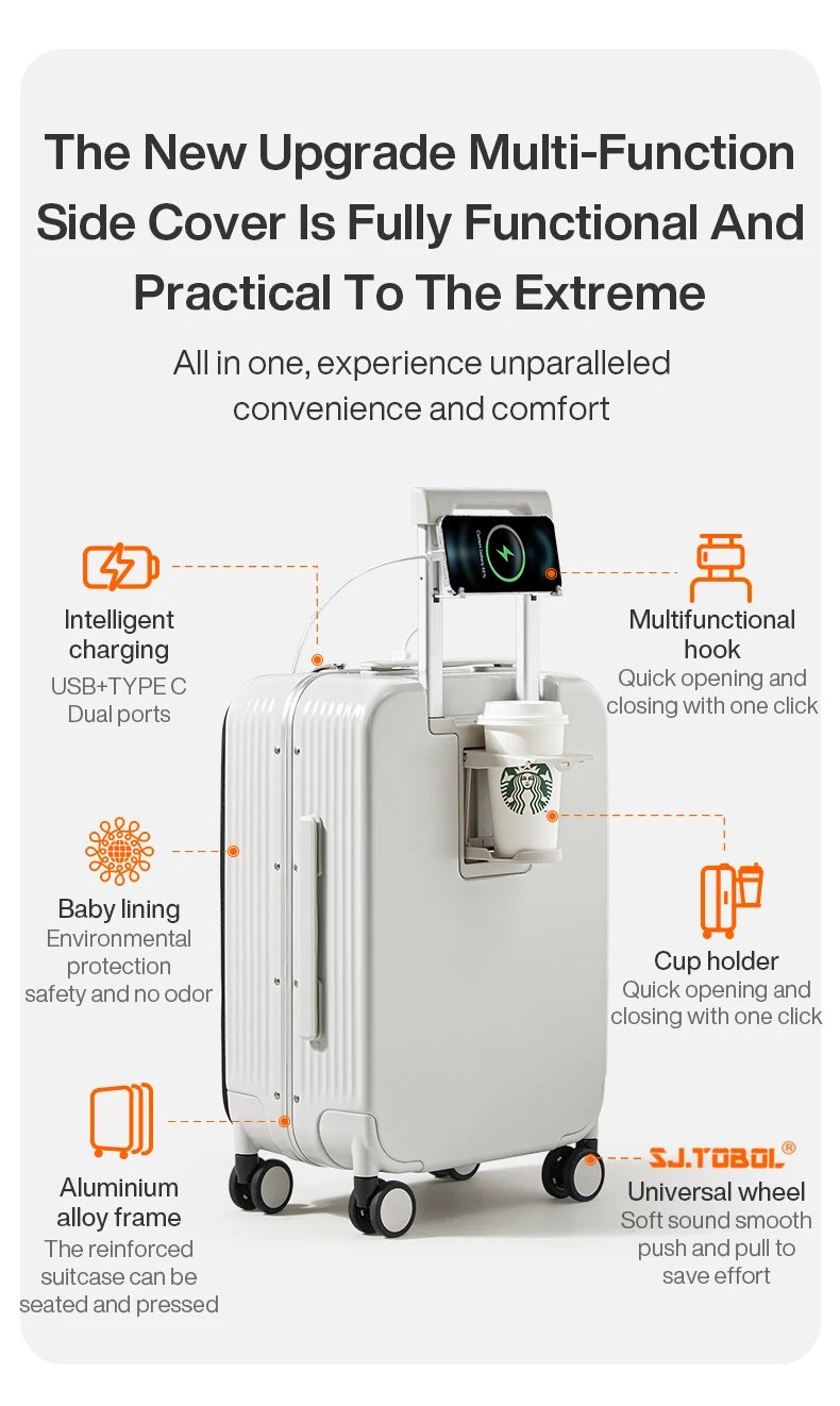 NEW Aluminum Frame Suitcase Carry On Rolling Luggage with USB Port Boarding Cabin Cup and Phone Holder 20 24 Inch