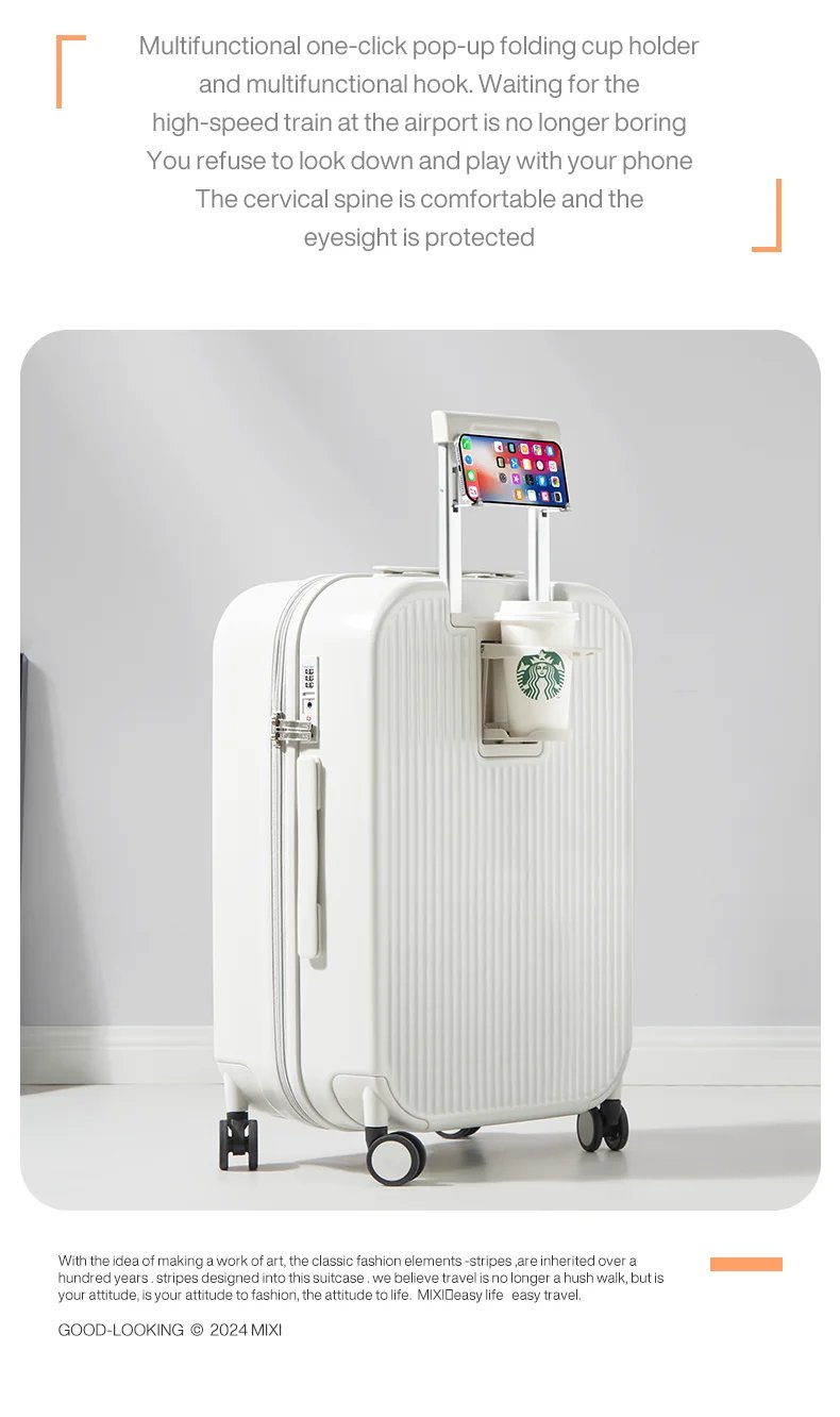 2024 New Design Suitcase Carry On Luggage with Cup Phone Holder Hard Shell Rolling Luggage PC Spinner Wheels Trolley Case