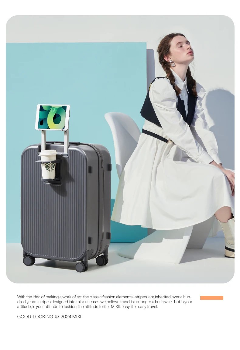 2024 New Design Suitcase Carry On Luggage with Cup Phone Holder Hard Shell Rolling Luggage PC Spinner Wheels Trolley Case