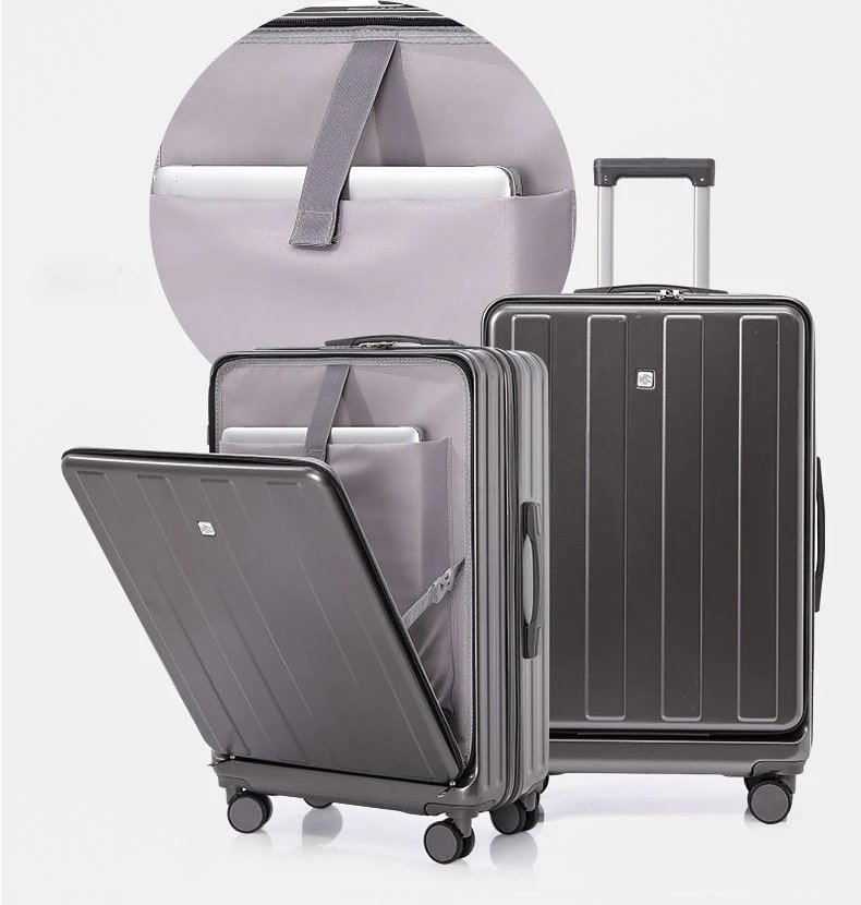 Suitcase Front Opening Carry on Luggage with Laptop Storage Pocket USB Multi Function Travel Suitcase  Middle Size Trolley Case