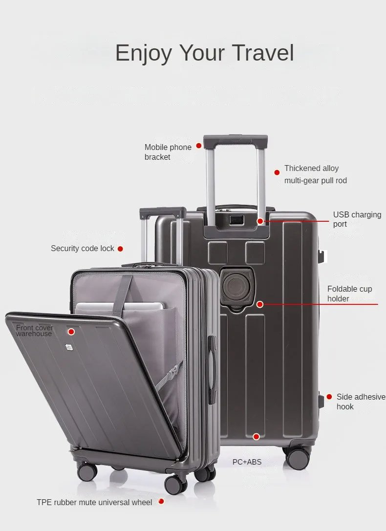 Suitcase Front Opening Carry on Luggage with Laptop Storage Pocket USB Multi Function Travel Suitcase  Middle Size Trolley Case