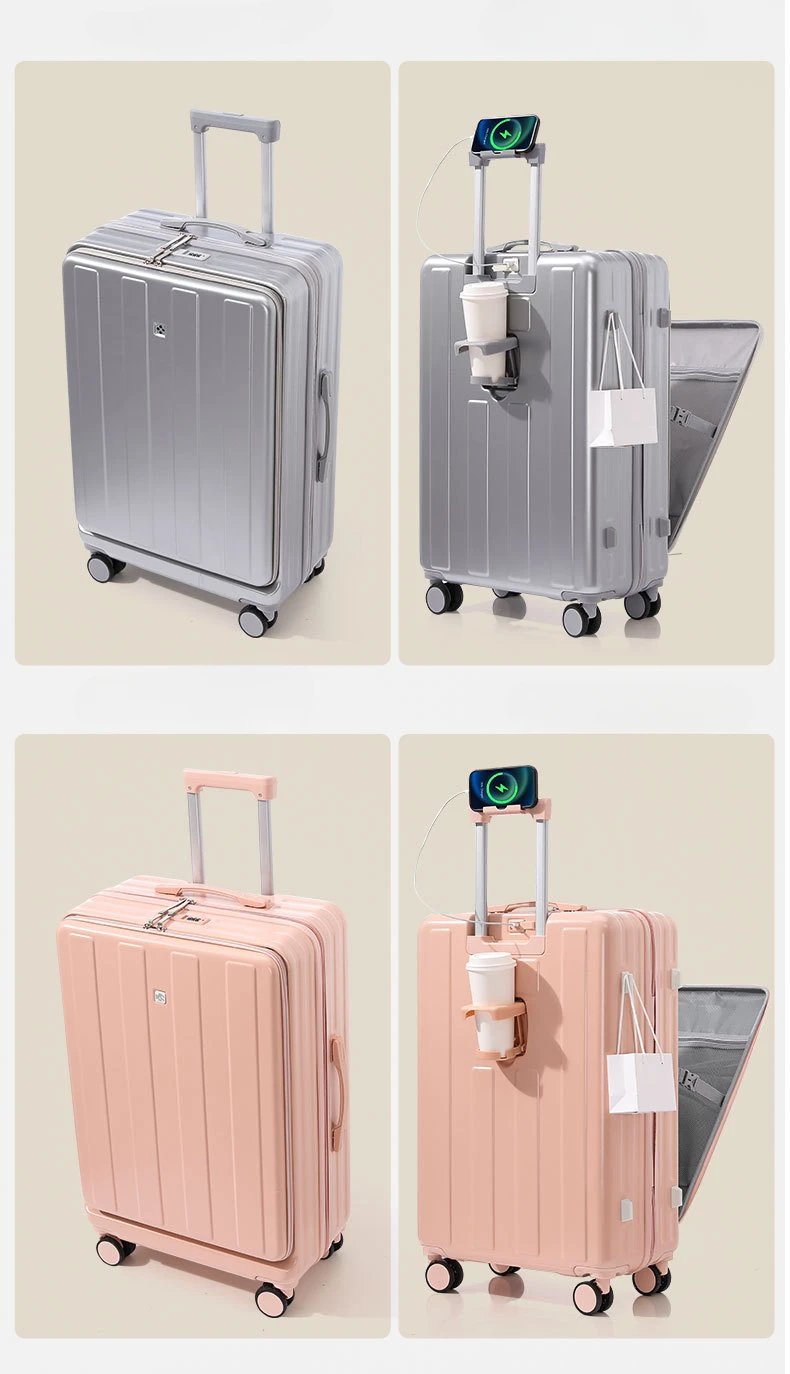 Suitcase Front Opening Carry on Luggage with Laptop Storage Pocket USB Multi Function Travel Suitcase  Middle Size Trolley Case