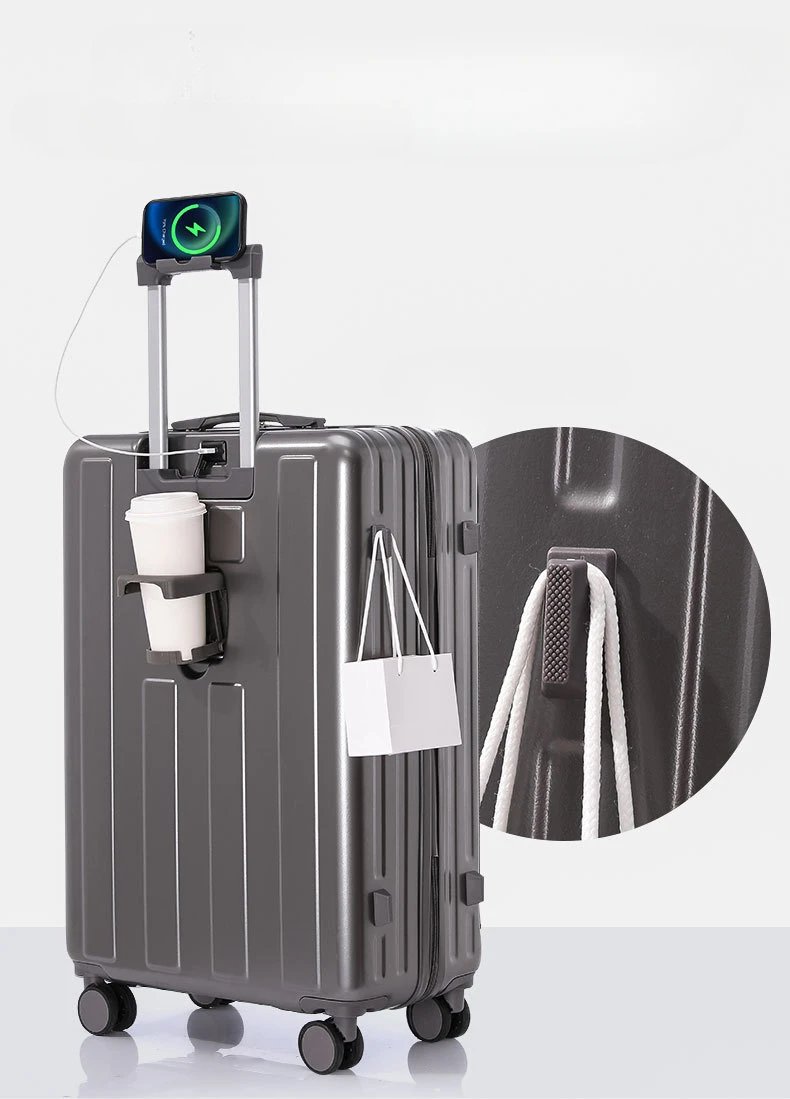 Suitcase Front Opening Carry on Luggage with Laptop Storage Pocket USB Multi Function Travel Suitcase  Middle Size Trolley Case