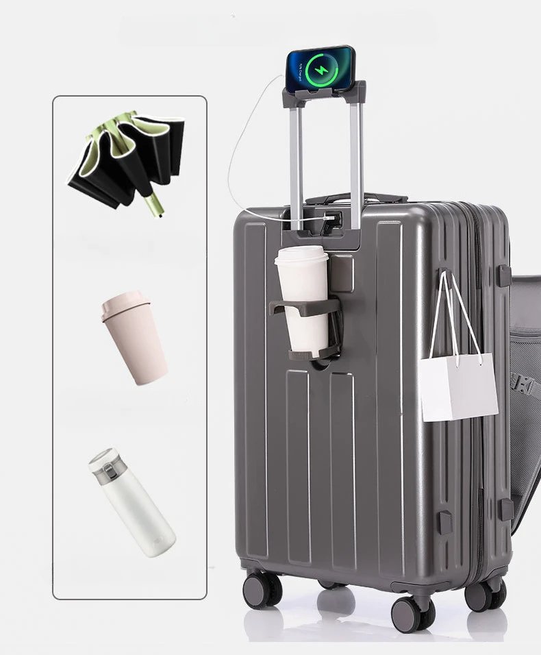 Suitcase Front Opening Carry on Luggage with Laptop Storage Pocket USB Multi Function Travel Suitcase  Middle Size Trolley Case