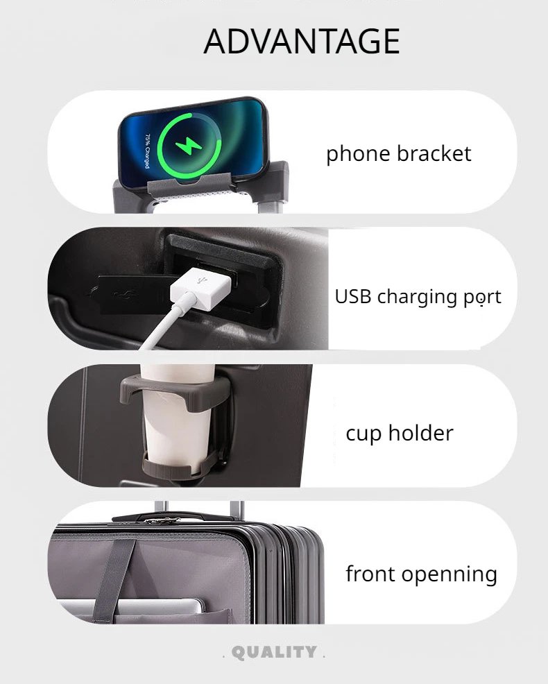 Suitcase Front Opening Carry on Luggage with Laptop Storage Pocket USB Multi Function Travel Suitcase  Middle Size Trolley Case