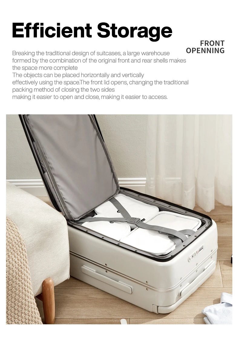 Front Laptop Pocket Suitcase Wide Handle Travel Suitcase Men 20''Carry-On Luggage Women PC Aluminum Frame Trolley Case 24''