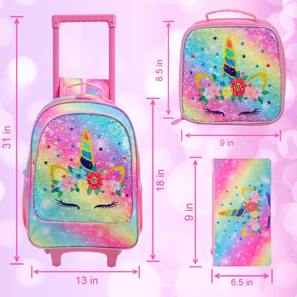 Rolling Backpack for Girls and Boys Kids Unicorn Dinosaur Bookbag with Roller Wheels Suitcase School Bag Set