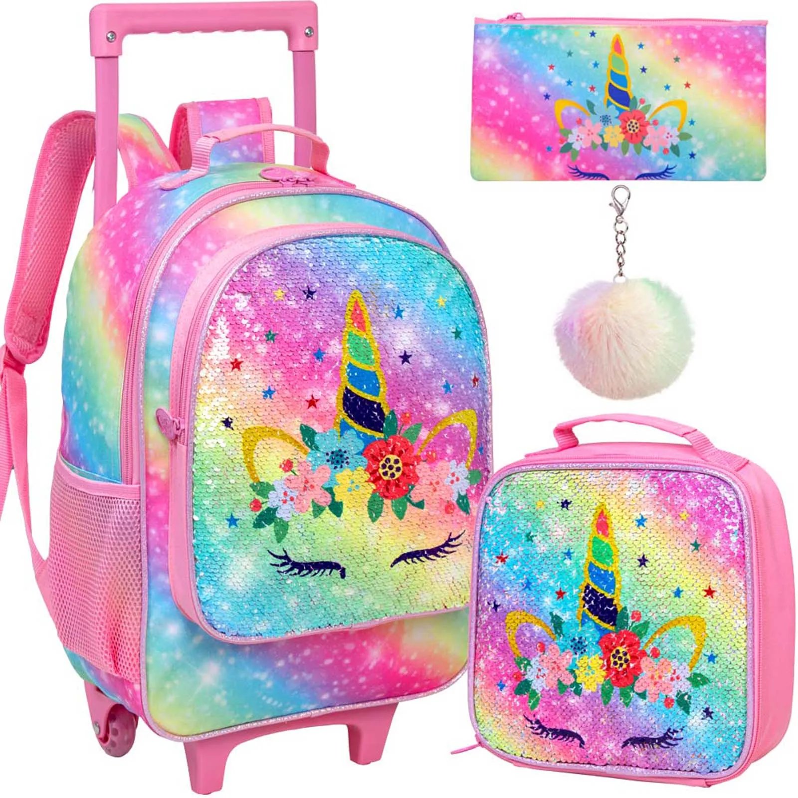 Rolling Backpack for Girls and Boys Kids Unicorn Dinosaur Bookbag with Roller Wheels Suitcase School Bag Set