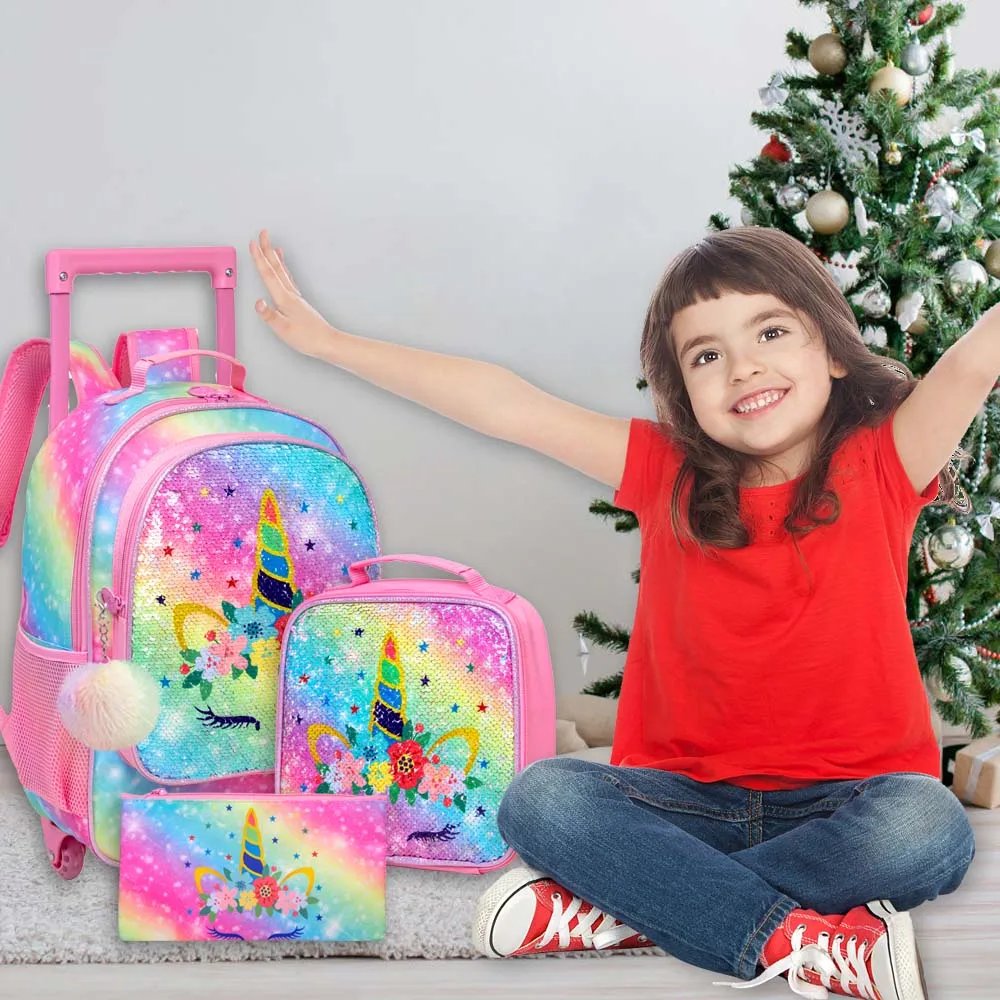 Rolling Backpack for Girls and Boys Kids Unicorn Dinosaur Bookbag with Roller Wheels Suitcase School Bag Set