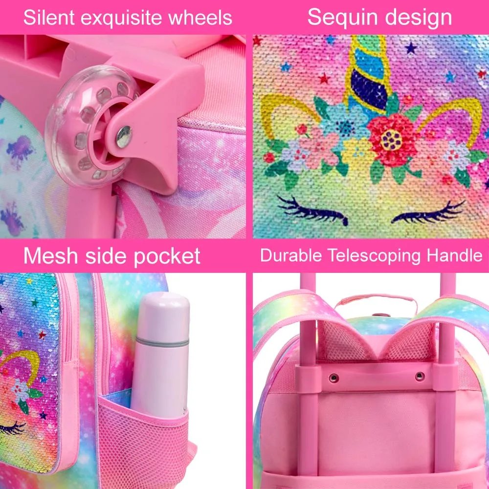 Rolling Backpack for Girls and Boys Kids Unicorn Dinosaur Bookbag with Roller Wheels Suitcase School Bag Set