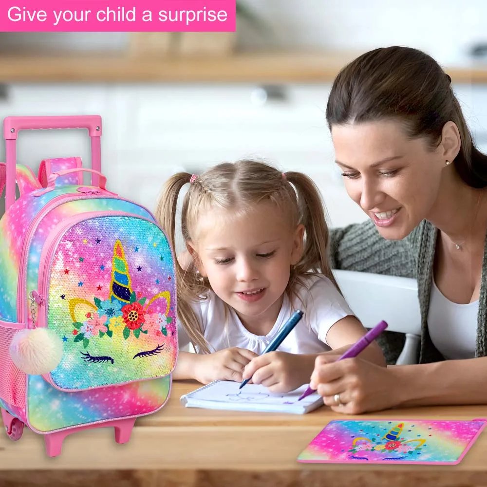 Rolling Backpack for Girls and Boys Kids Unicorn Dinosaur Bookbag with Roller Wheels Suitcase School Bag Set