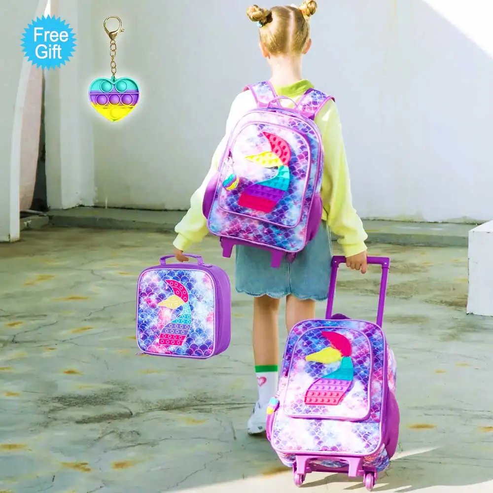 Rolling Backpack for Girls and Boys,Kids Unicorn Dinosaur Bookbag with Roller Wheels, Suitcase School Bag Set