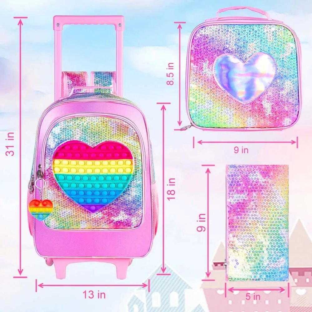 Rolling Backpack for Girls and Boys,Kids Unicorn Dinosaur Bookbag with Roller Wheels, Suitcase School Bag Set