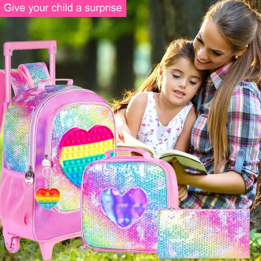Rolling Backpack for Girls and Boys,Kids Unicorn Dinosaur Bookbag with Roller Wheels, Suitcase School Bag Set