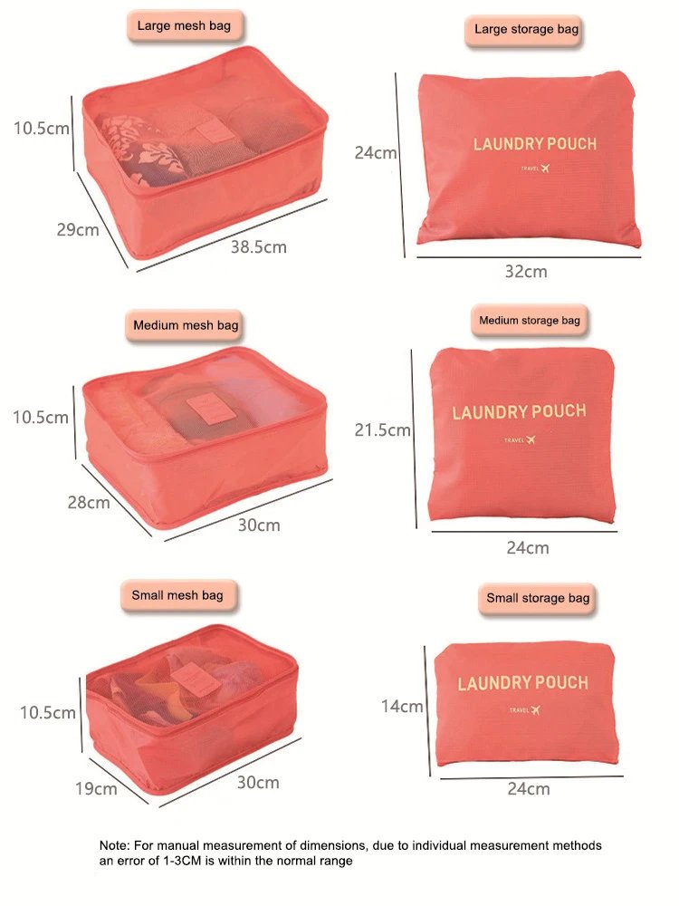 6 Pcs/Set Pink/Blue/Grey Travel Storage Bag Large Capacity Waterproof Luggage Clothing Underwear Storage Bag Bag With Zipper