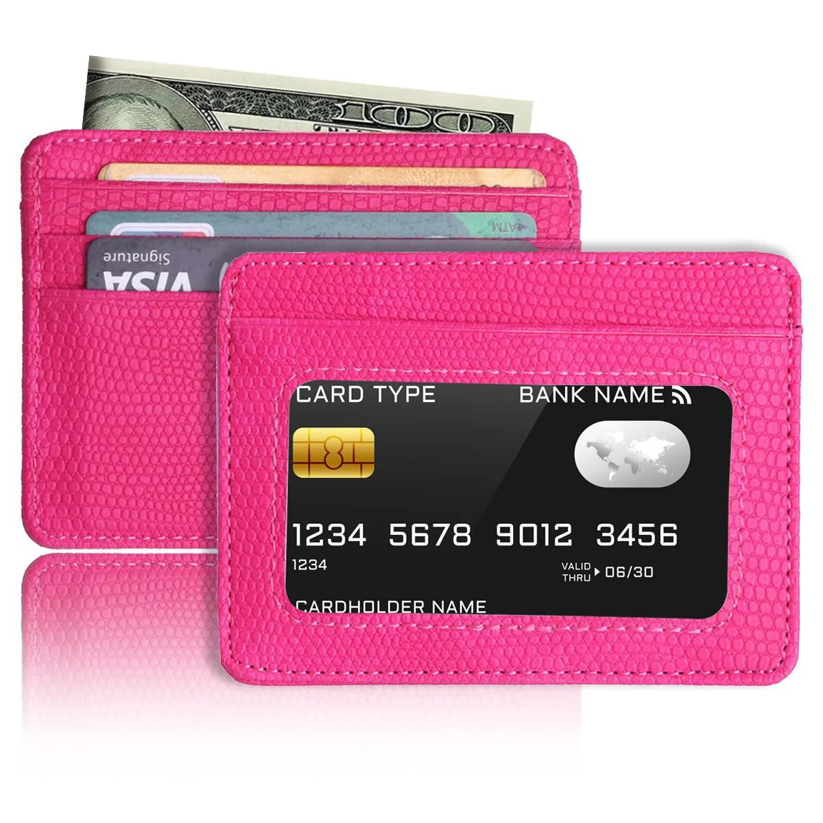 Minimalist Slim Credit Card Holder with Transparent ID Window, Small Leather Card Wallet for Women Men