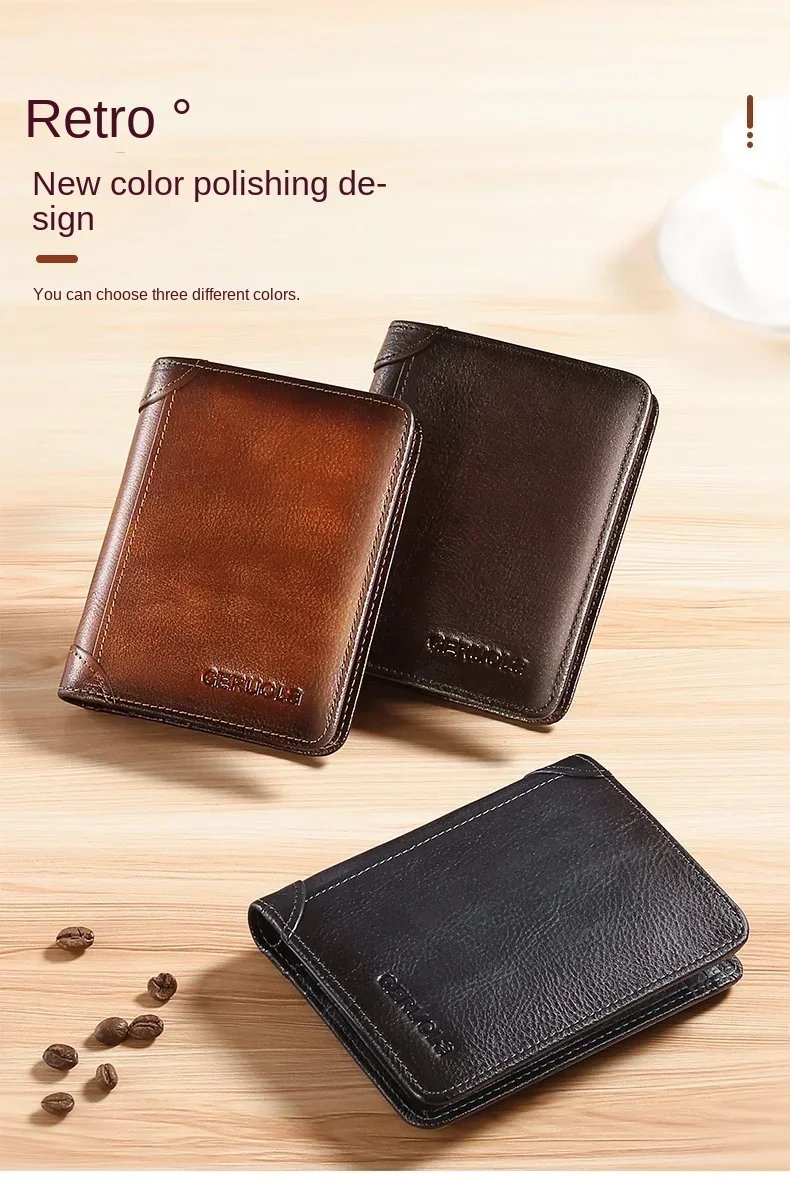 Men Wallet Genuine Leather Rfid Blocking Trifold Wallet Vintage Thin Short Multi Function ID Credit Card Holder Male Purse Money