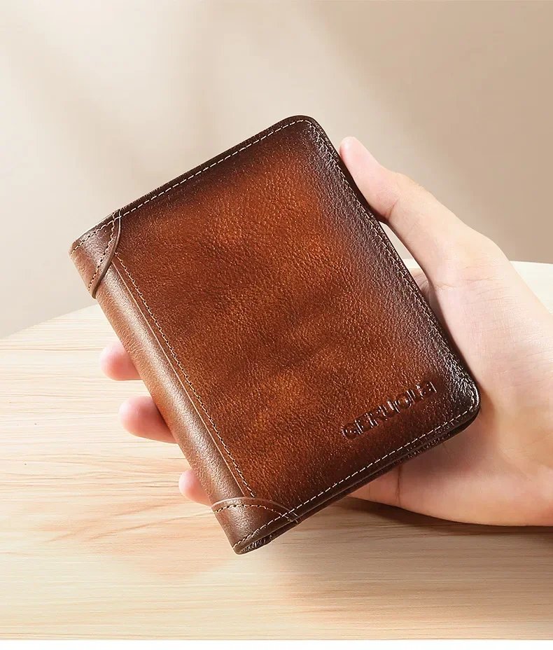 Men Wallet Genuine Leather Rfid Blocking Trifold Wallet Vintage Thin Short Multi Function ID Credit Card Holder Male Purse Money
