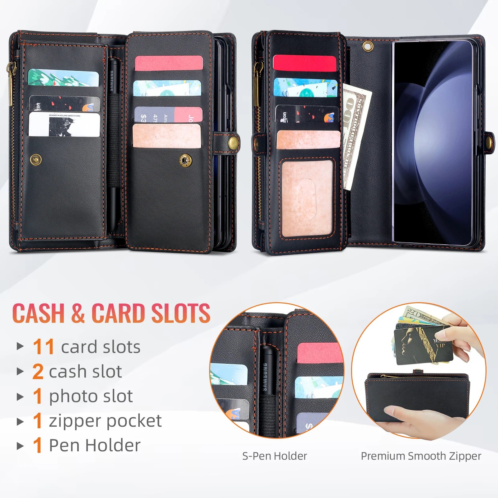 Multifunctional Leather Case for Samsung Galaxy Z Fold 5 4 3 Fold5 Fold4 Fold3 5G Phone Bags Cover Pen&Card Slots Wallet Holster