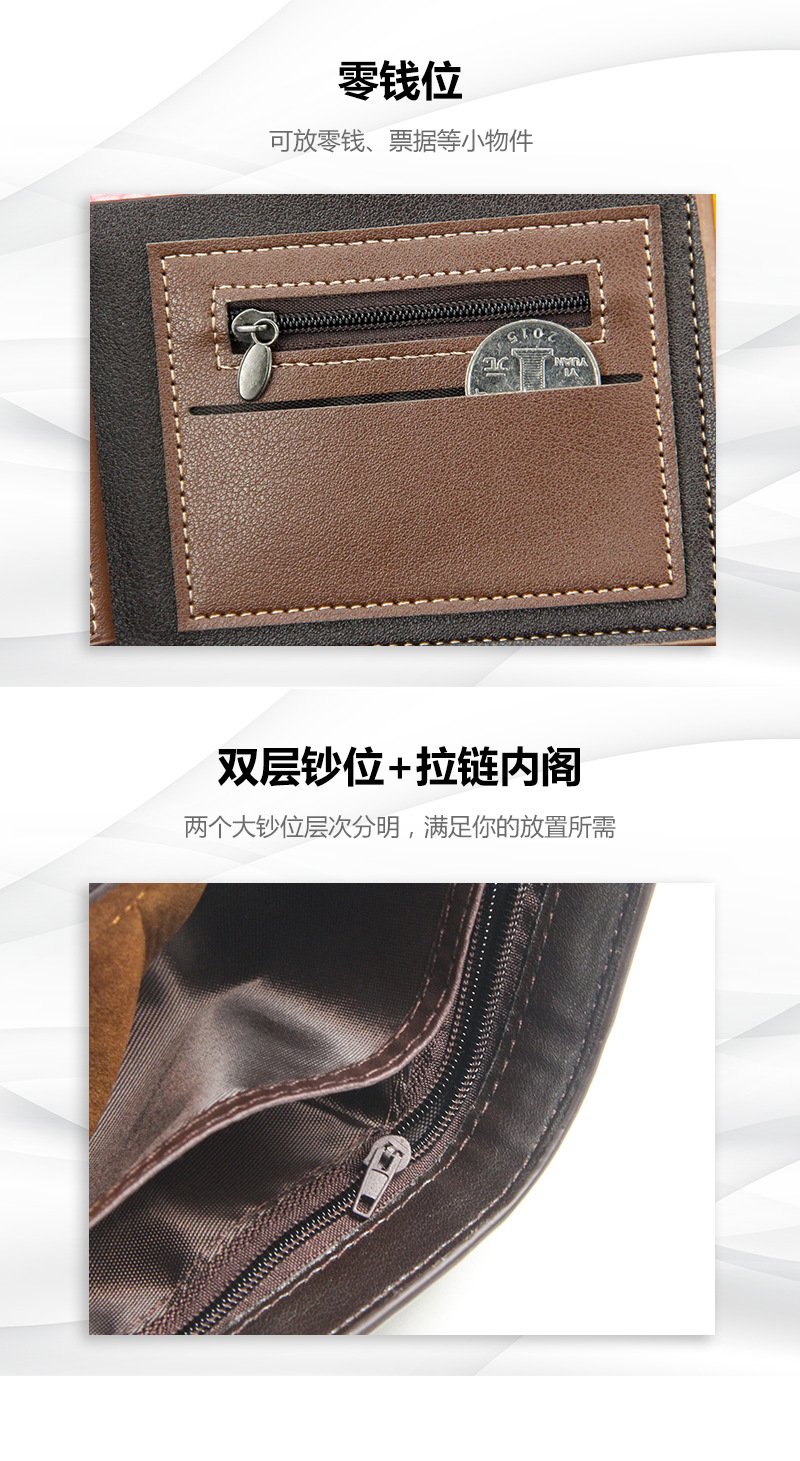 New Men's Wallet Short Cross Section Youth Tri-fold Wallet Stitching Business Multi-card Zipper Coin Purse Wallet Passport Cover