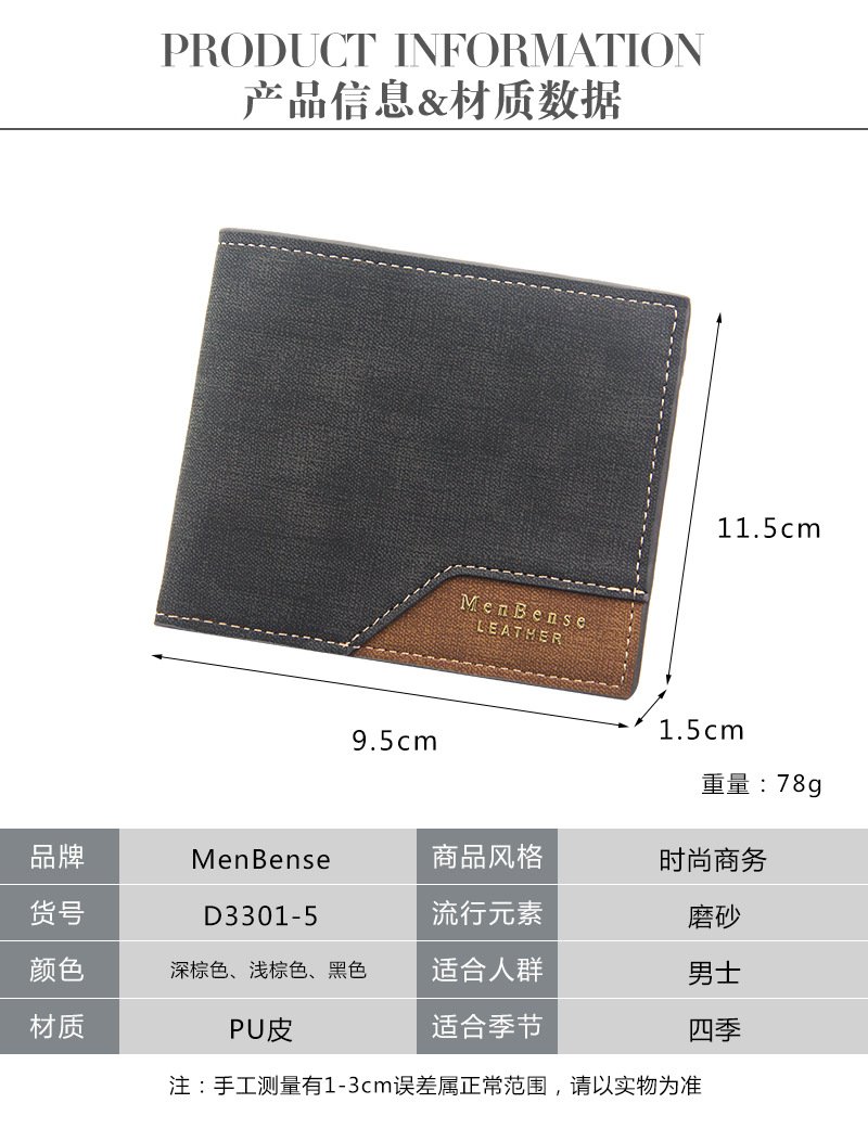 New Men's Wallet Short Cross Section Youth Tri-fold Wallet Stitching Business Multi-card Zipper Coin Purse Wallet Passport Cover