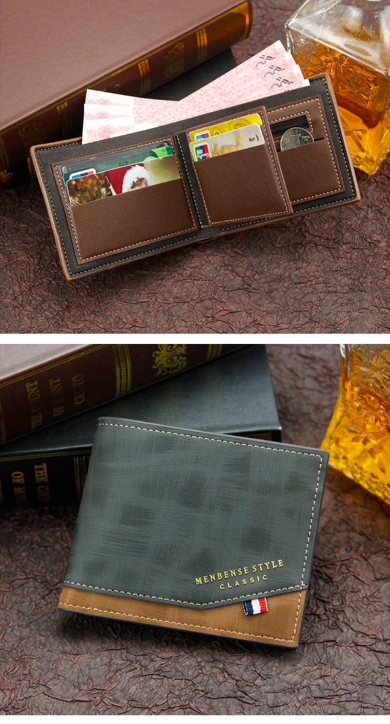 New Men's Wallet Short Cross Section Youth Tri-fold Wallet Stitching Business Multi-card Zipper Coin Purse Wallet Passport Cover