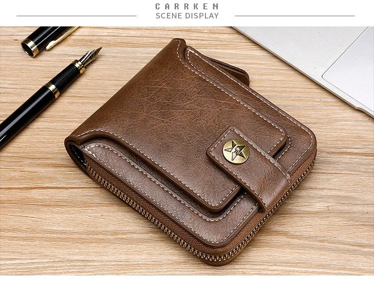 Vintage Men Pu Leather Small Wallet Short Horizontal Zipper Buckle Coin Pocket Tri-fold Card Case Purse