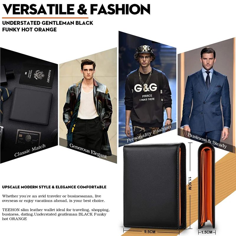 2024 Genuine Leather Wallet Men Slim RFID Classic Soft Solid Purse Card Holder Coin Pocket ID Window Minimalist Wallets