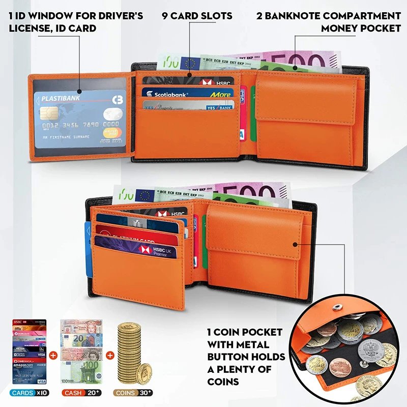 2024 Genuine Leather Wallet Men Slim RFID Classic Soft Solid Purse Card Holder Coin Pocket ID Window Minimalist Wallets