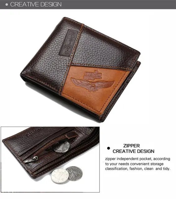 Genuine Leather Men Wallets Coin Pocket Zipper Real Men's Leather Wallet with Coin High Quality Male Purse Eagle cartera